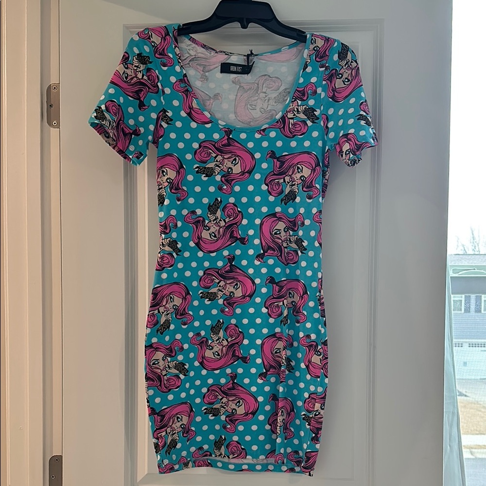 Iron Fist Blue and Pink Bodycon Mini Dress with Short Sleeves and Scoop Neck